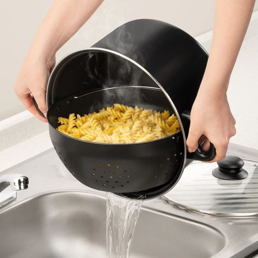 Easy Strain Pot Tilt Non-Stick Cookware 3-pc Black Clear Steam Release Lid NEW